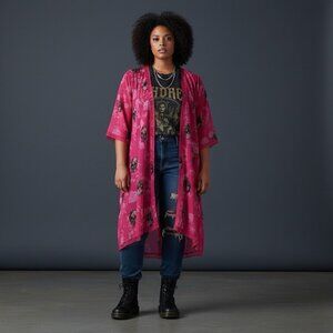 Torrid Open Kimono Womens Size 4X Pink Chiffon Gothic Skull Grunge Cardigan